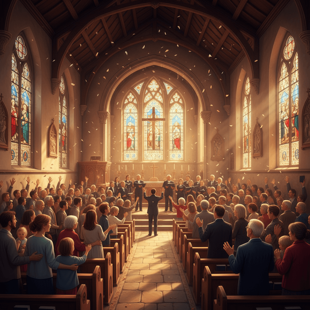 Warm congregation gathered together in worship — people of all ages sharing faith and fellowship in a sunlit sanctuary
