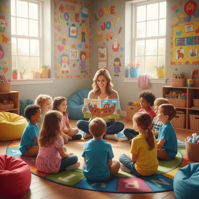 Happy children in Sunday school learning Bible stories with a kind teacher in a bright, colorful classroom