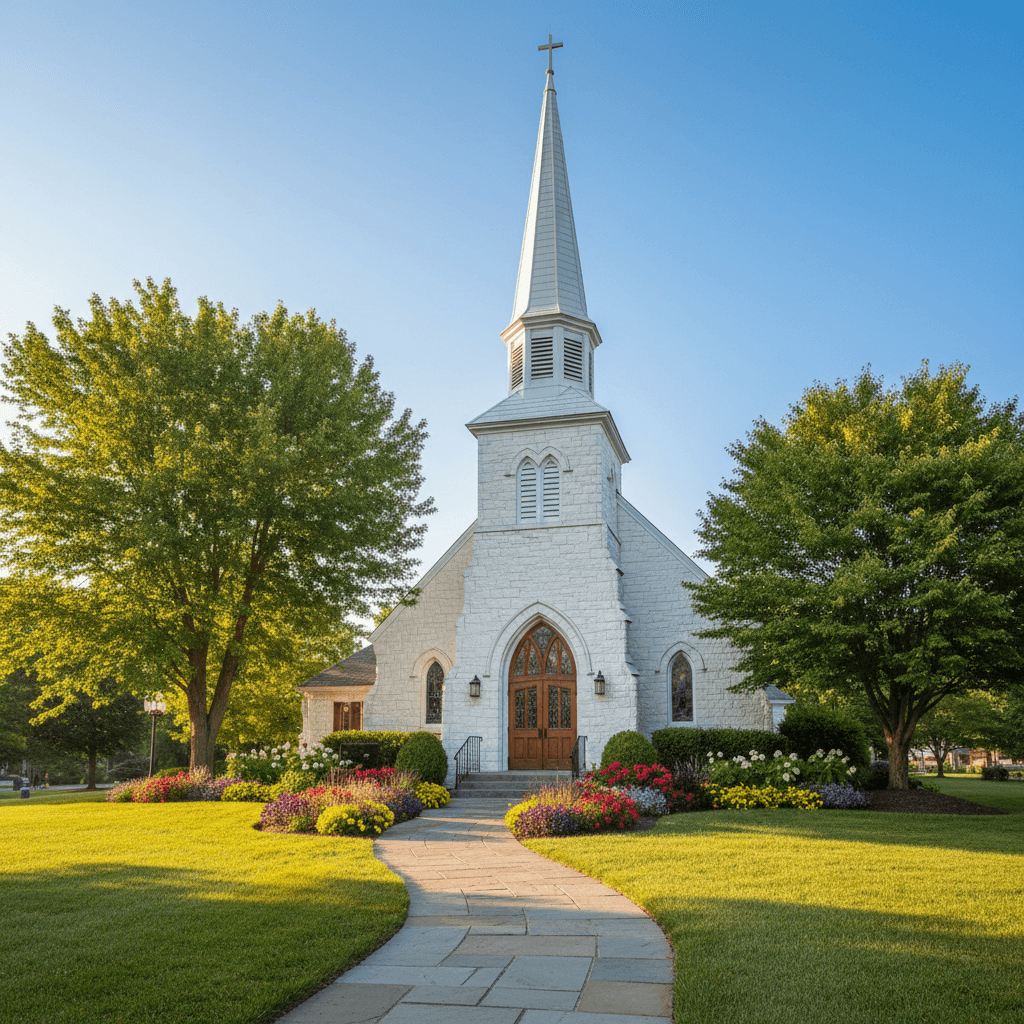 Christ's Church Whitewater exterior — a welcoming white church building surrounded by trees and flowers on a sunny day