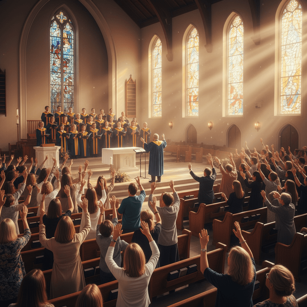 Joyful worship service with congregation singing and praising together in a bright sunlit sanctuary